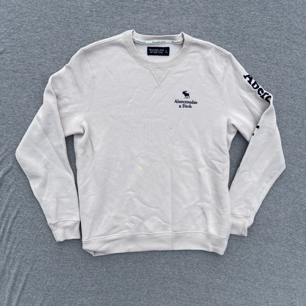 Abercrombie & Fitch Sweatshirt Mens L Cream Crewneck Moose Sleeve Logo Soft